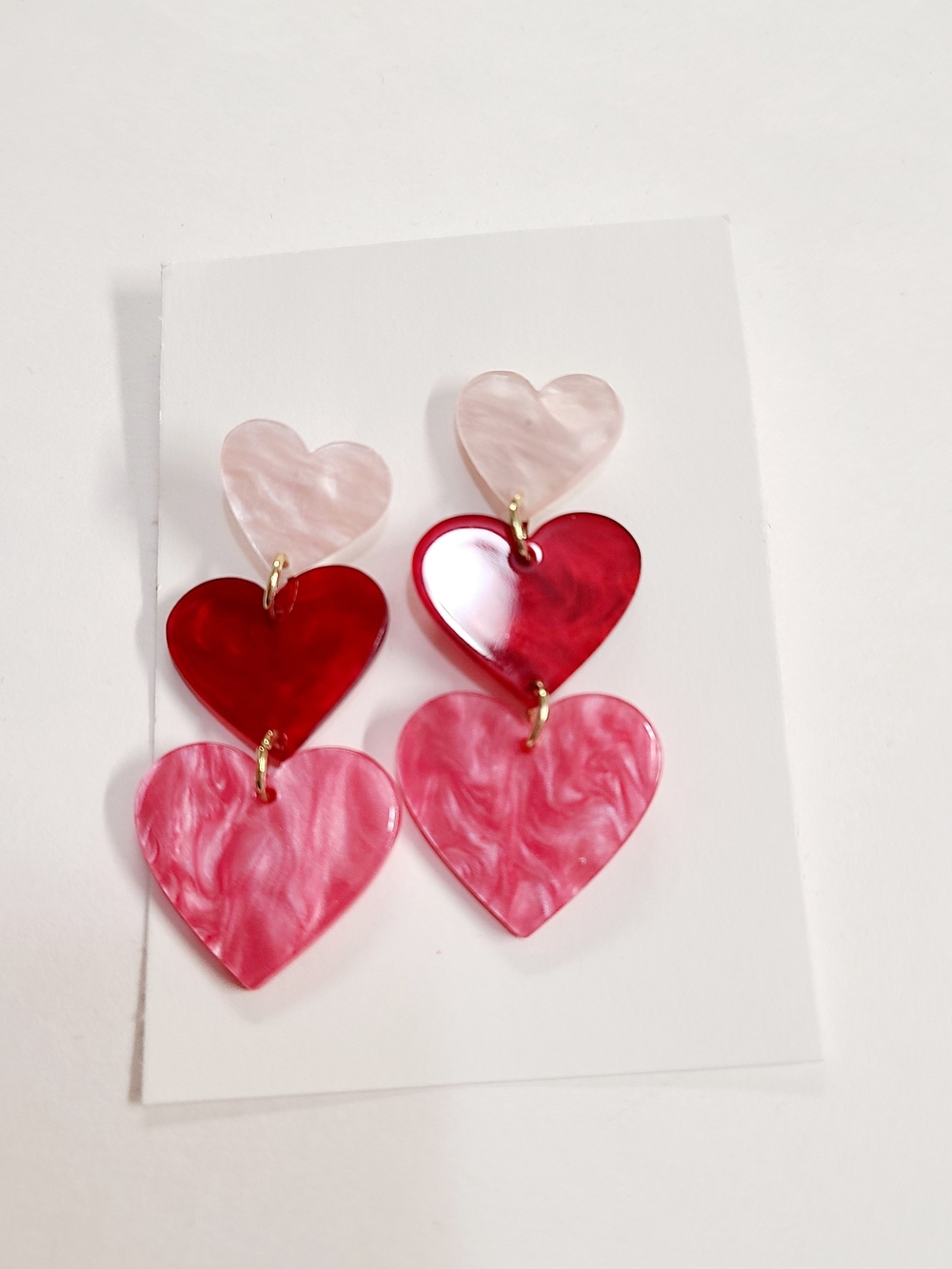 Triple Heart Dangle Stud Earrings - Pink & Red